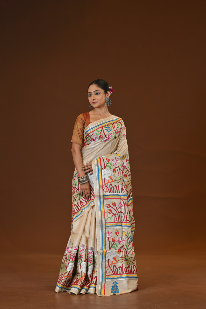 Pure Silk Kantha Stitch Saree