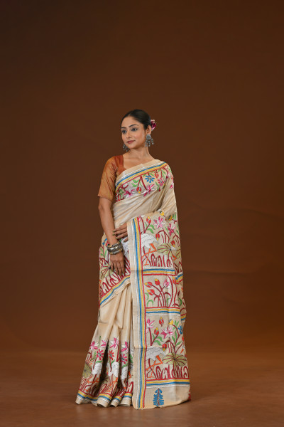 Pure Silk Kantha Stitch Saree