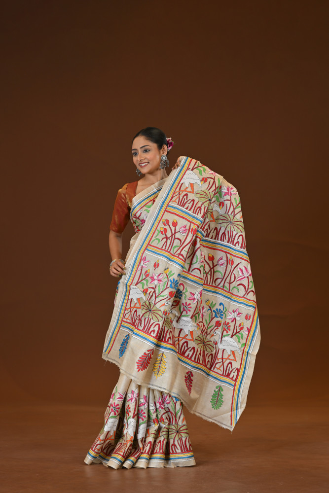Pure Silk Kantha Stitch Saree