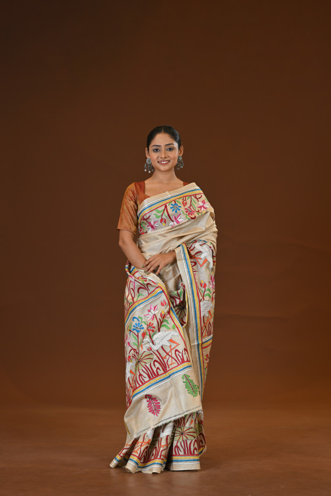 Image of Pure Silk Kantha Stitch Saree