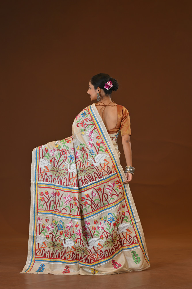 Pure Silk Kantha Stitch Saree
