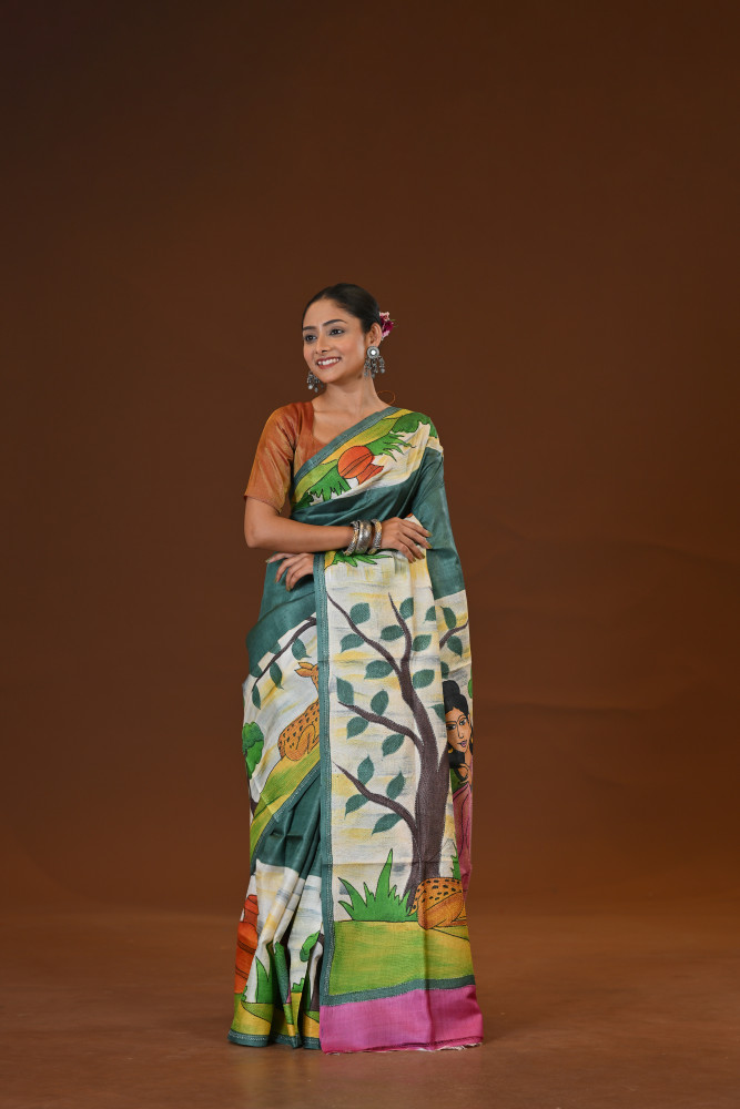 Tussar Hand Print Saree