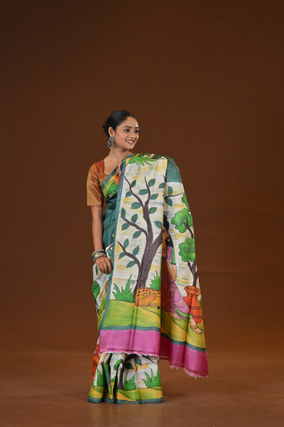 Tussar Hand Print Saree