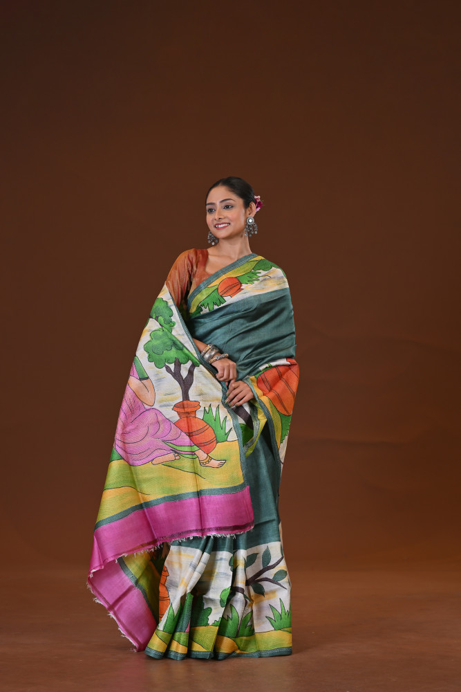 Tussar Hand Print Saree