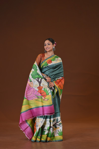 Tussar Hand Print Saree
