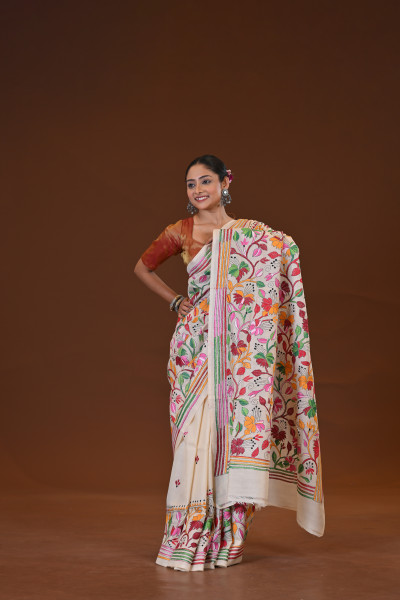 Pure Silk Kantha Stitch Saree