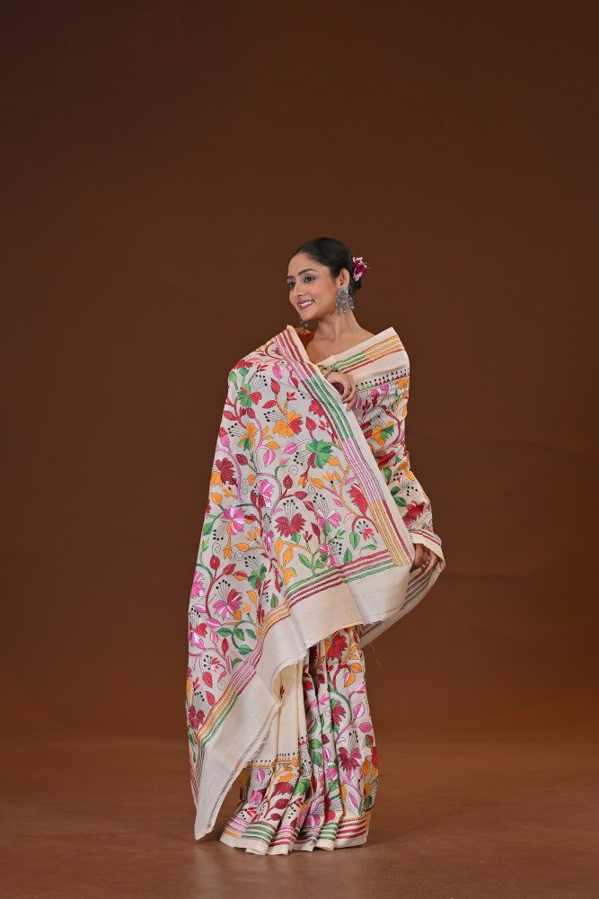Pure Silk Kantha Stitch Saree