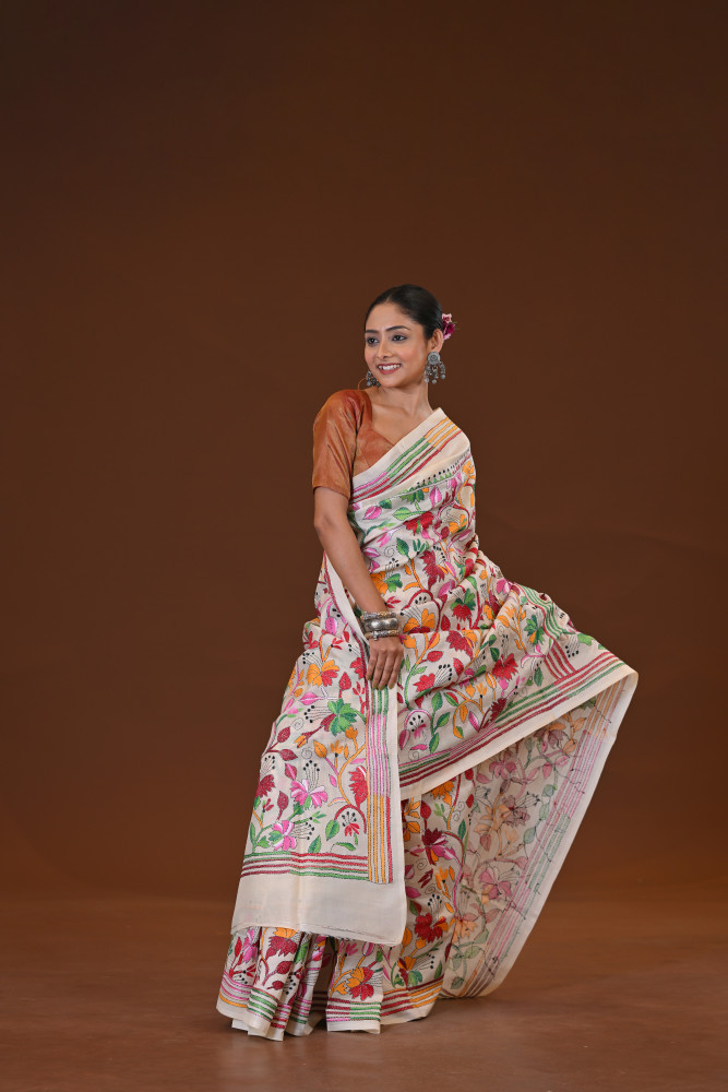 Pure Silk Kantha Stitch Saree