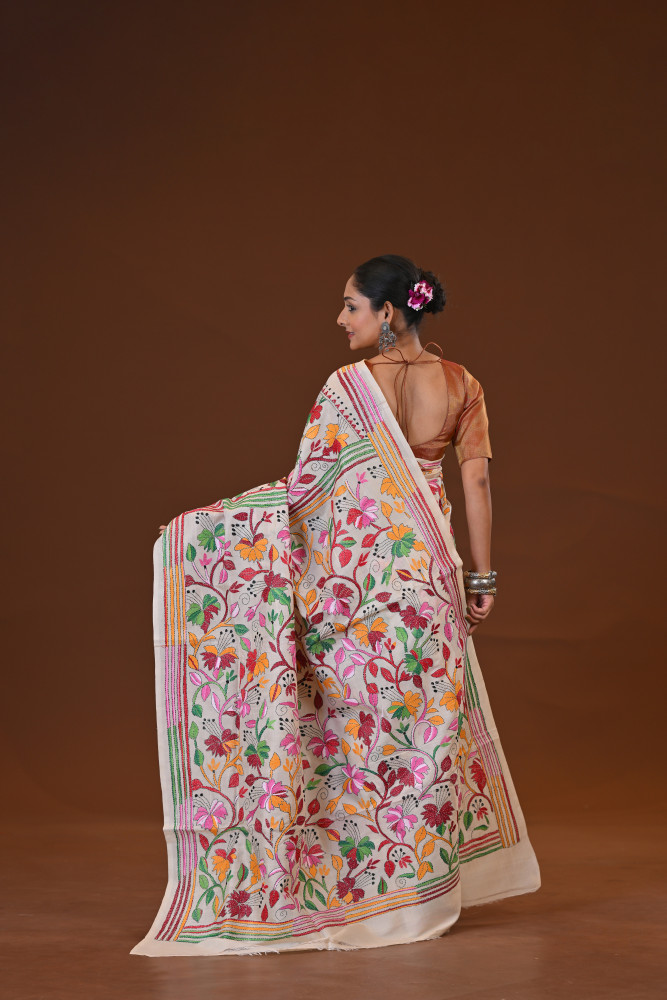 Pure Silk Kantha Stitch Saree