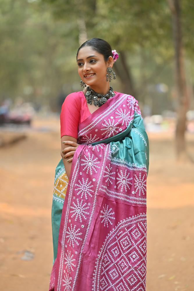 Image of Pure Silk Kantha Stitch Saree