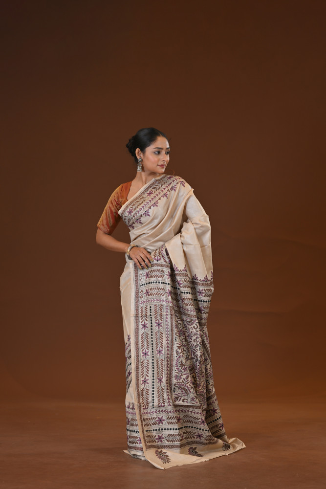Pure Silk Kantha Stitch Saree