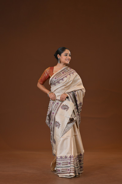 Pure Silk Kantha Stitch Saree