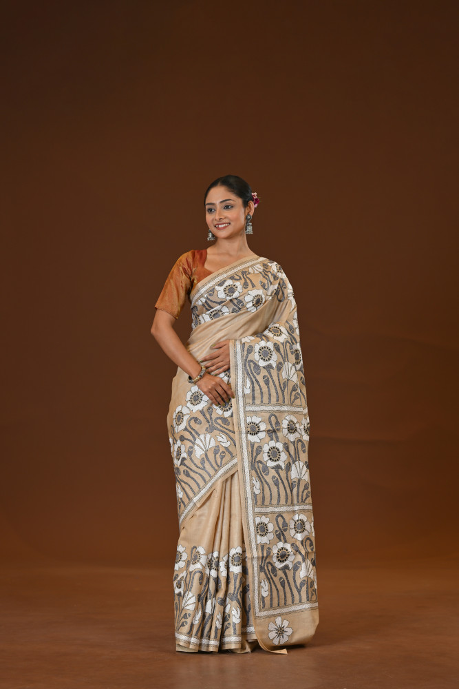 Image of Pure Silk Kantha Stitch Saree
