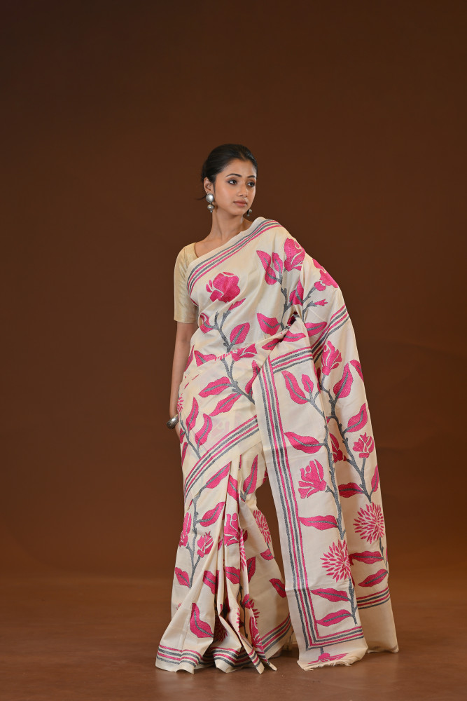 Pure Silk Kantha Stitch Saree