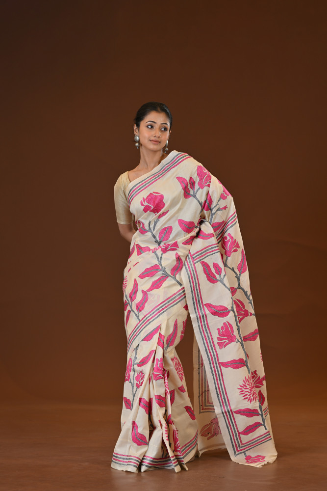 Pure Silk Kantha Stitch Saree