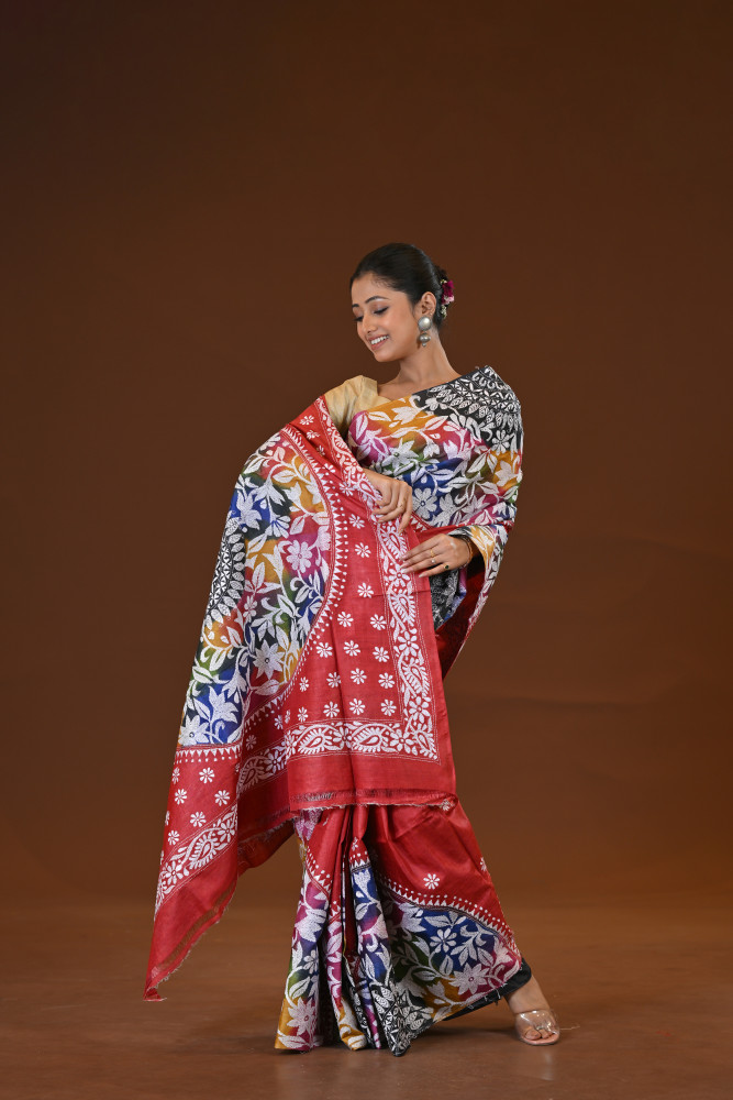 Pure Silk Kantha Stitch Saree