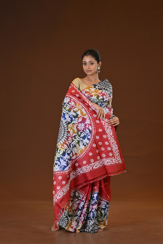 Pure Silk Kantha Stitch Saree