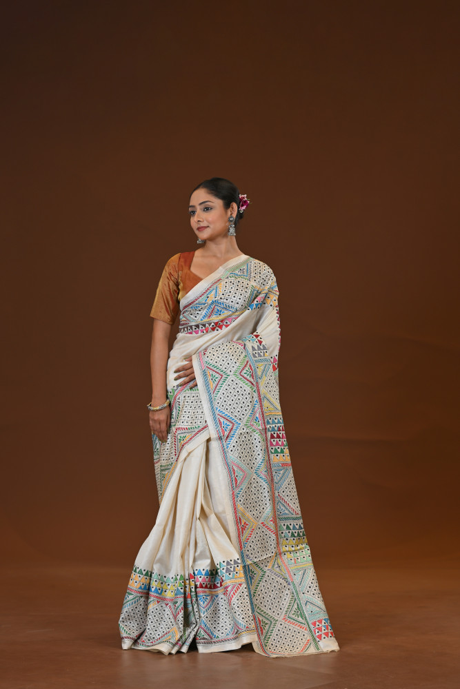 Image of Pure Silk Kantha Stitch Saree