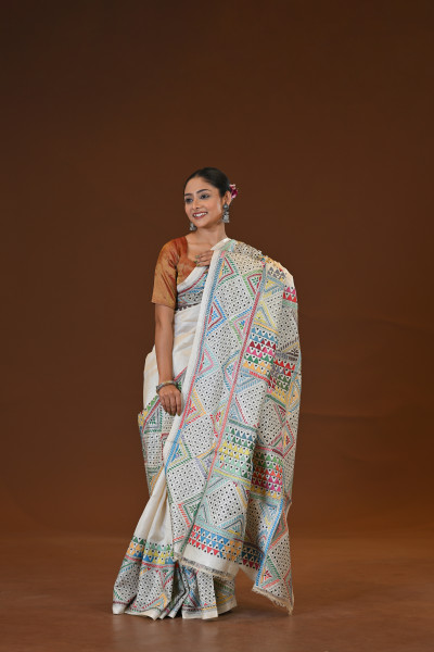 Pure Silk Kantha Stitch Saree