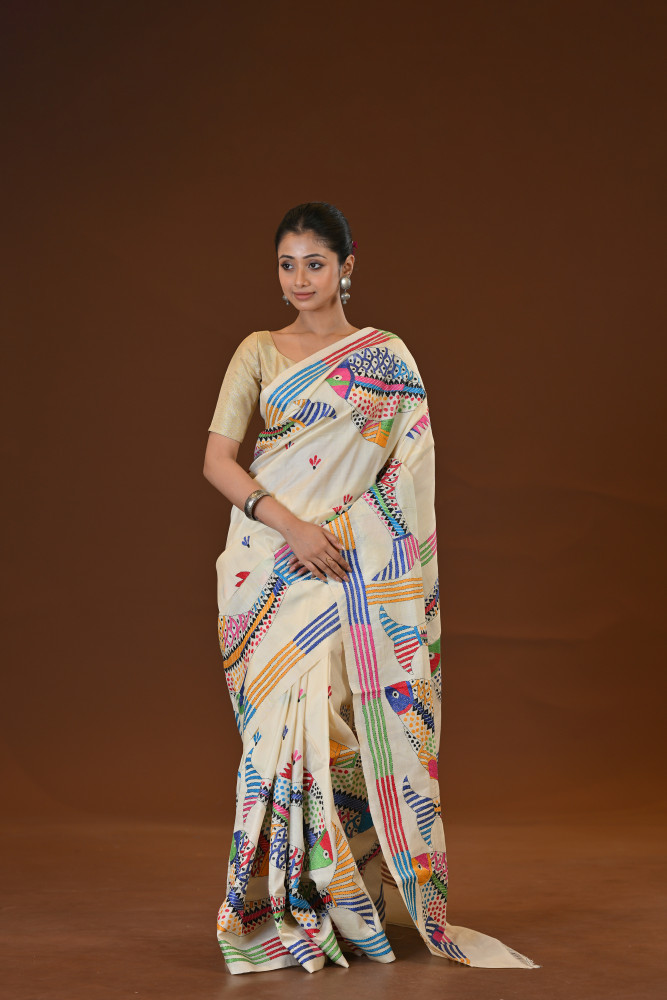 Pure Silk Kantha Stitch Saree
