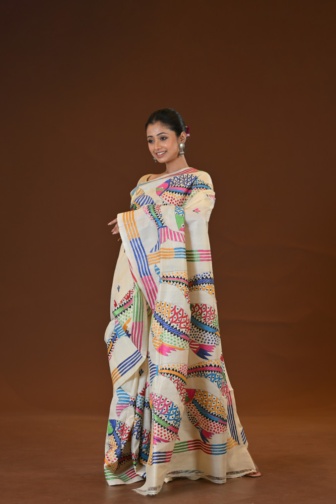 Pure Silk Kantha Stitch Saree
