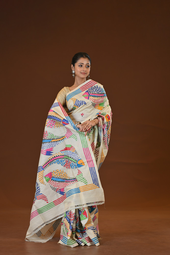 Pure Silk Kantha Stitch Saree