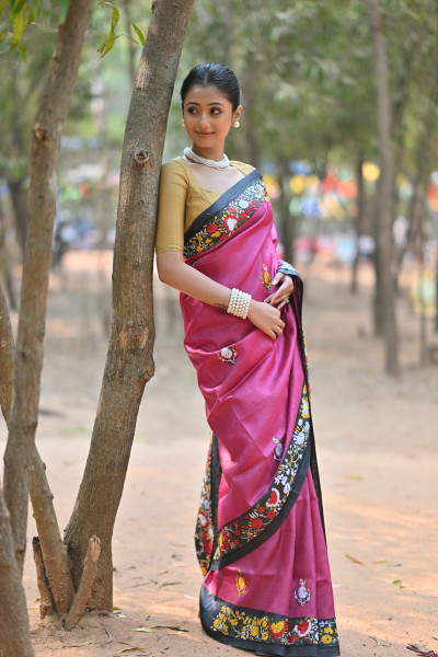 Tussar Silk Kantha Stitch Saree