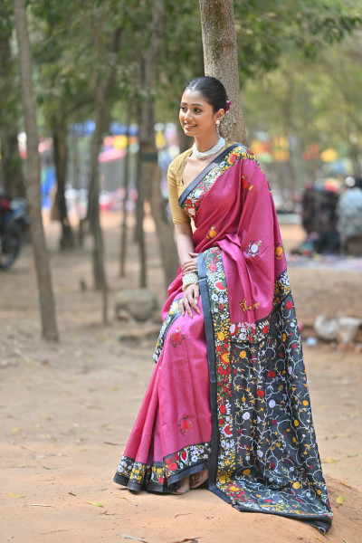 Tussar Silk Kantha Stitch Saree