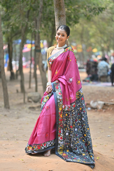 Tussar Silk Kantha Stitch Saree