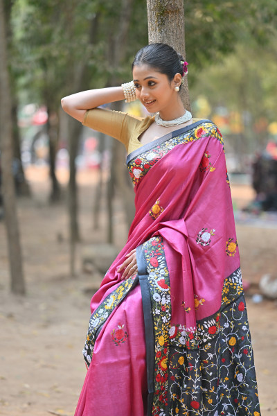 Tussar Silk Kantha Stitch Saree