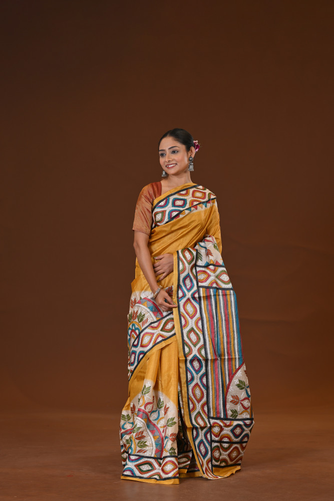 Pure Silk Kantha Stitch Saree