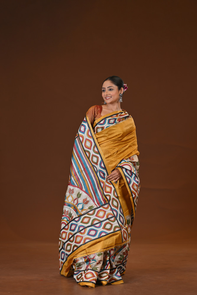 Pure Silk Kantha Stitch Saree