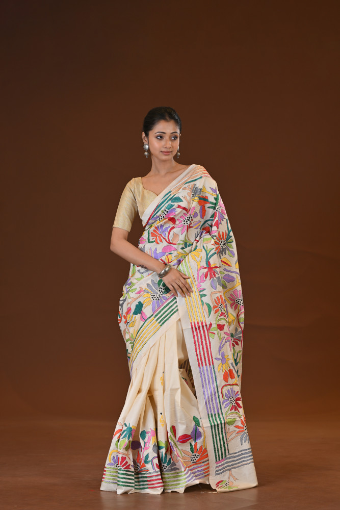 Pure Silk Kantha Stitch Saree