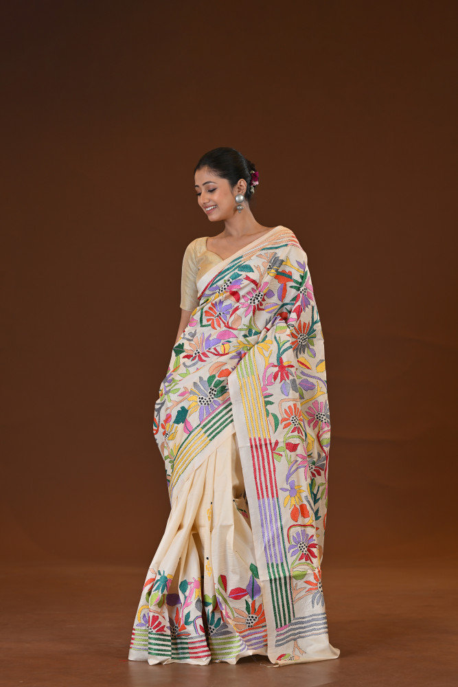 Pure Silk Kantha Stitch Saree
