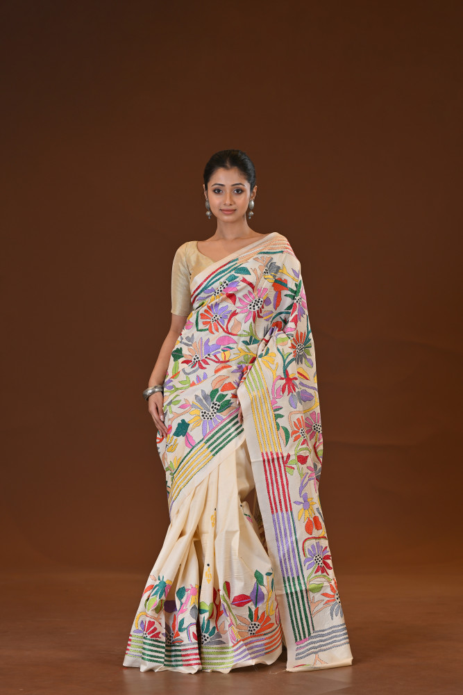 Image of Pure Silk Kantha Stitch Saree