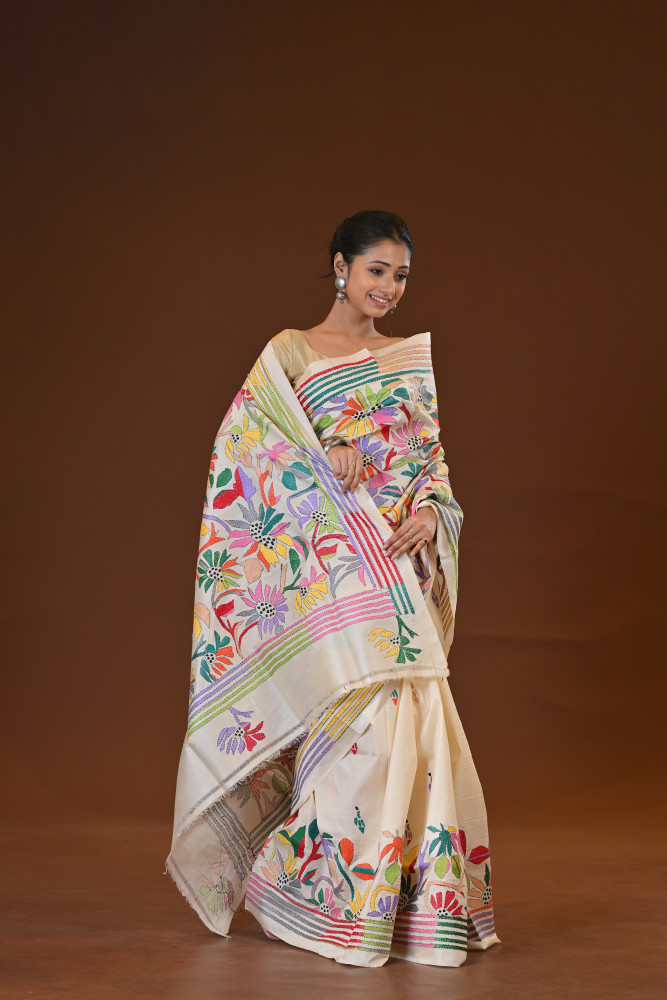 Pure Silk Kantha Stitch Saree