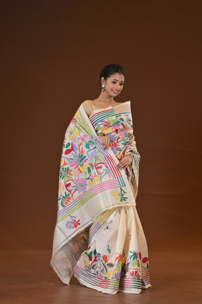 Pure Silk Kantha Stitch Saree