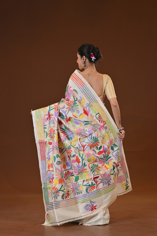 Pure Silk Kantha Stitch Saree