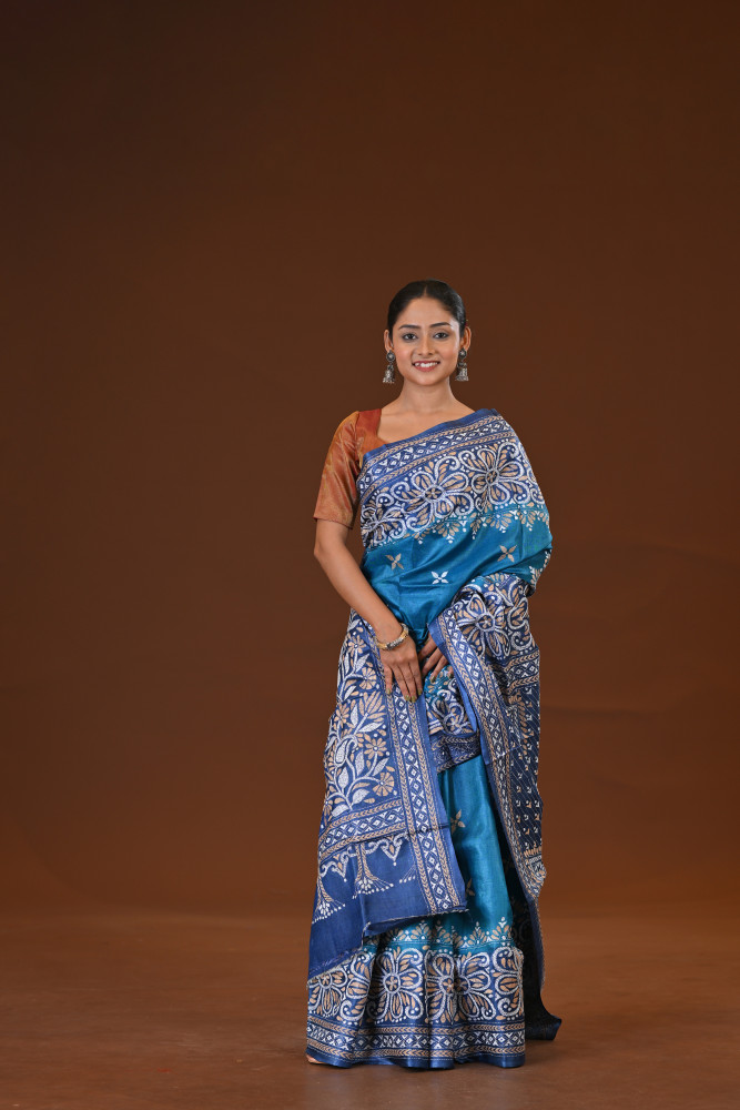 Image of Pure Silk Kantha Stitch Saree