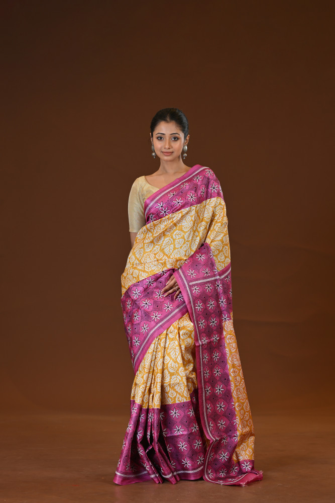 Image of Pure Silk Kantha Stitch Saree