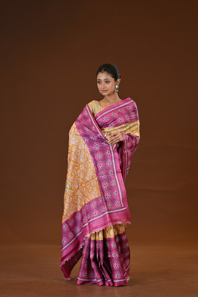 Pure Silk Kantha Stitch Saree