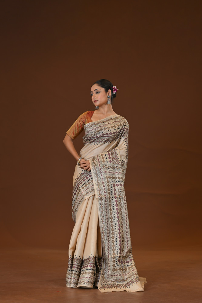 Pure Silk Kantha Stitch Saree
