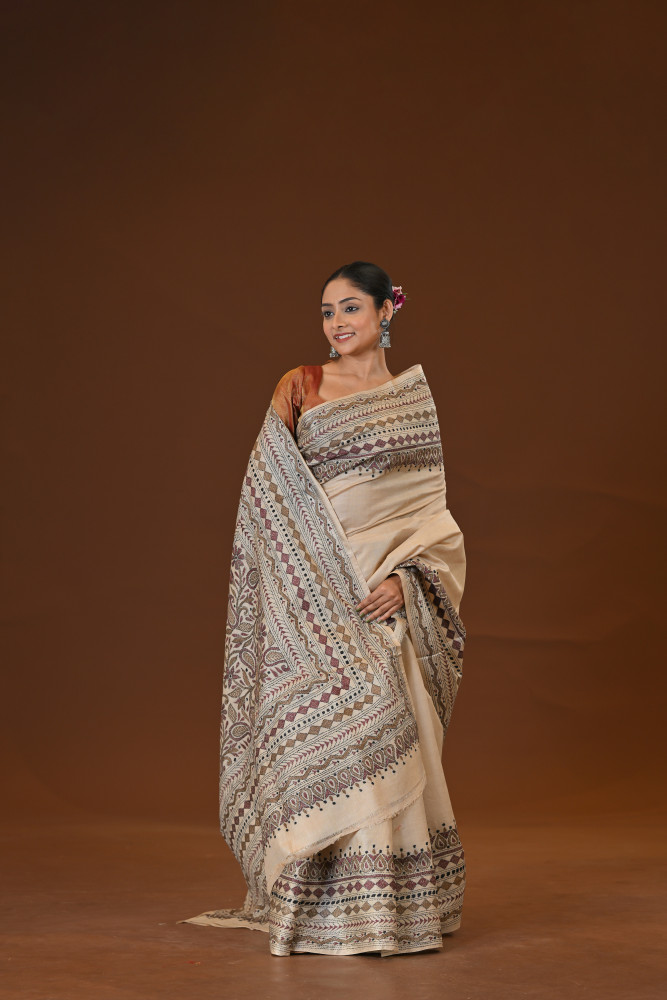 Pure Silk Kantha Stitch Saree