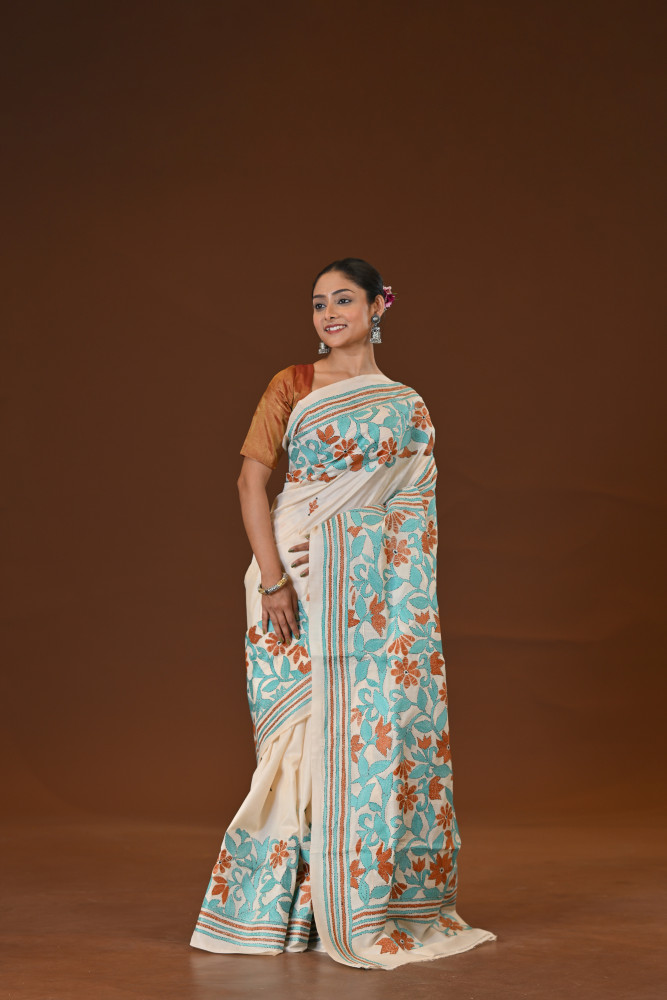 Pure Silk Kantha Stitch Saree