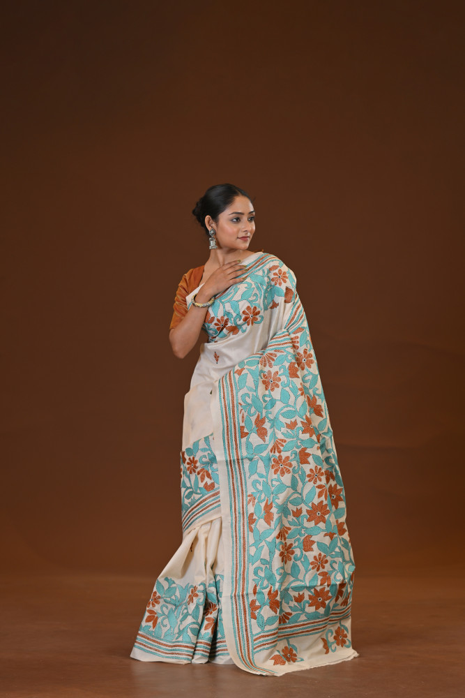 Pure Silk Kantha Stitch Saree