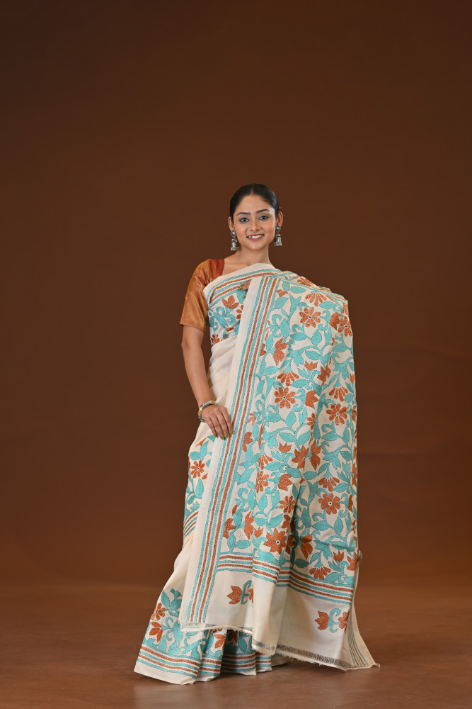 Image of Pure Silk Kantha Stitch Saree