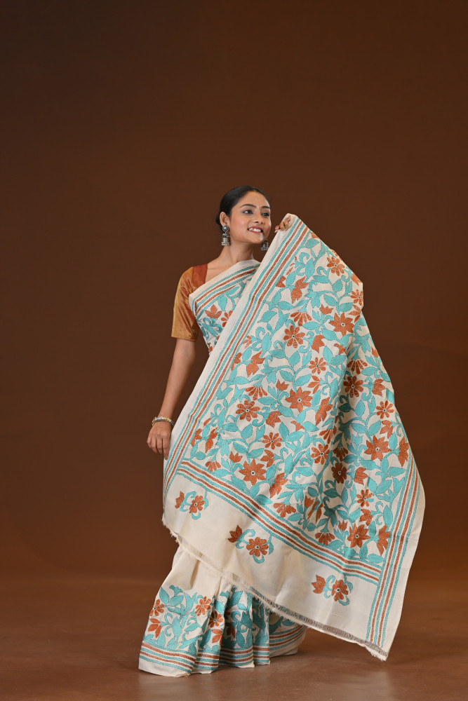 Pure Silk Kantha Stitch Saree