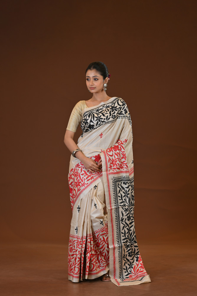 Pure Silk Kantha Stitch Saree
