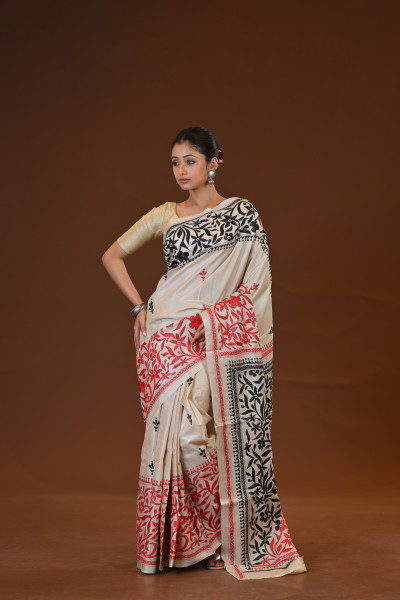 Pure Silk Kantha Stitch Saree