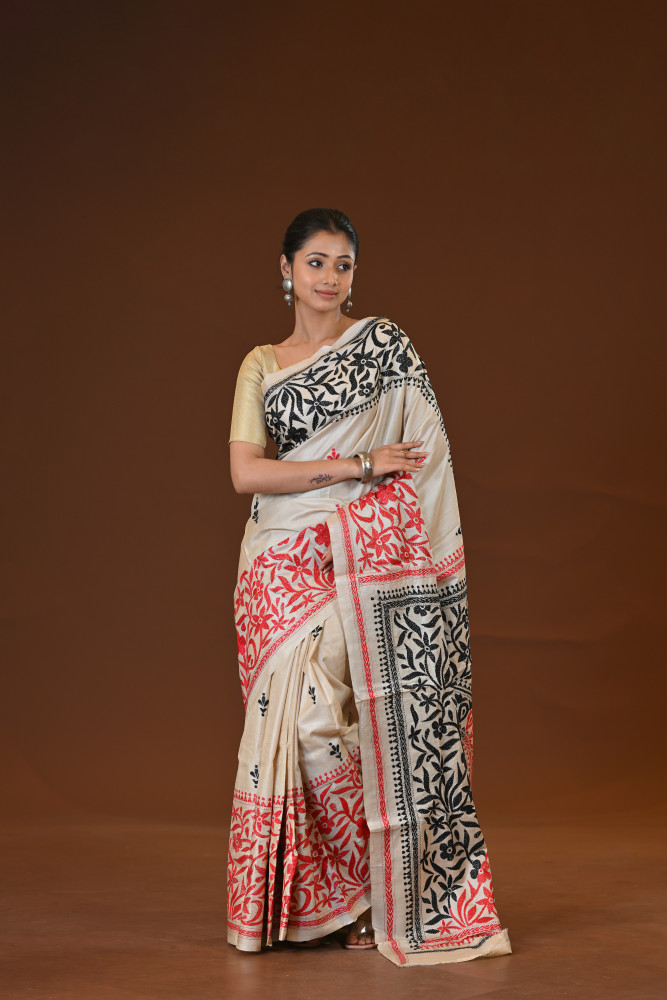 Image of Pure Silk Kantha Stitch Saree